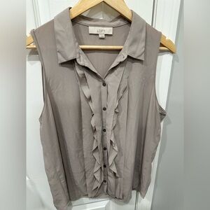 LOFT Taupe Sleeveless Ruffle Blouse